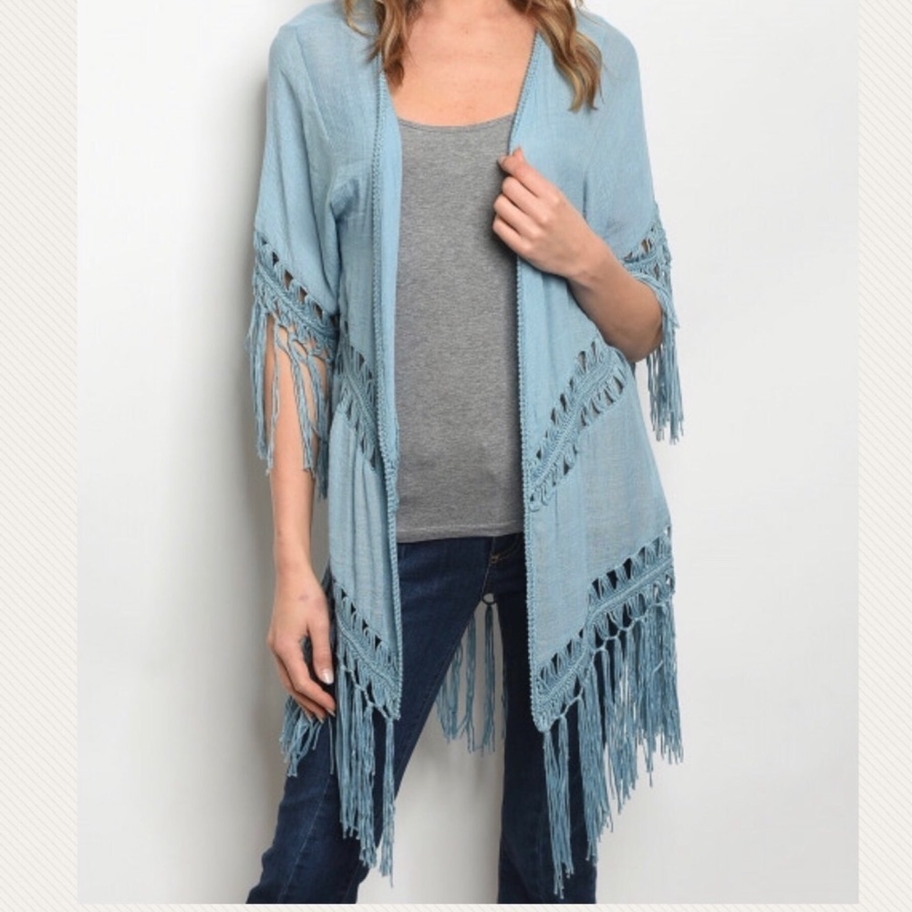 Boho fringed crochet soft blue kimono cover up